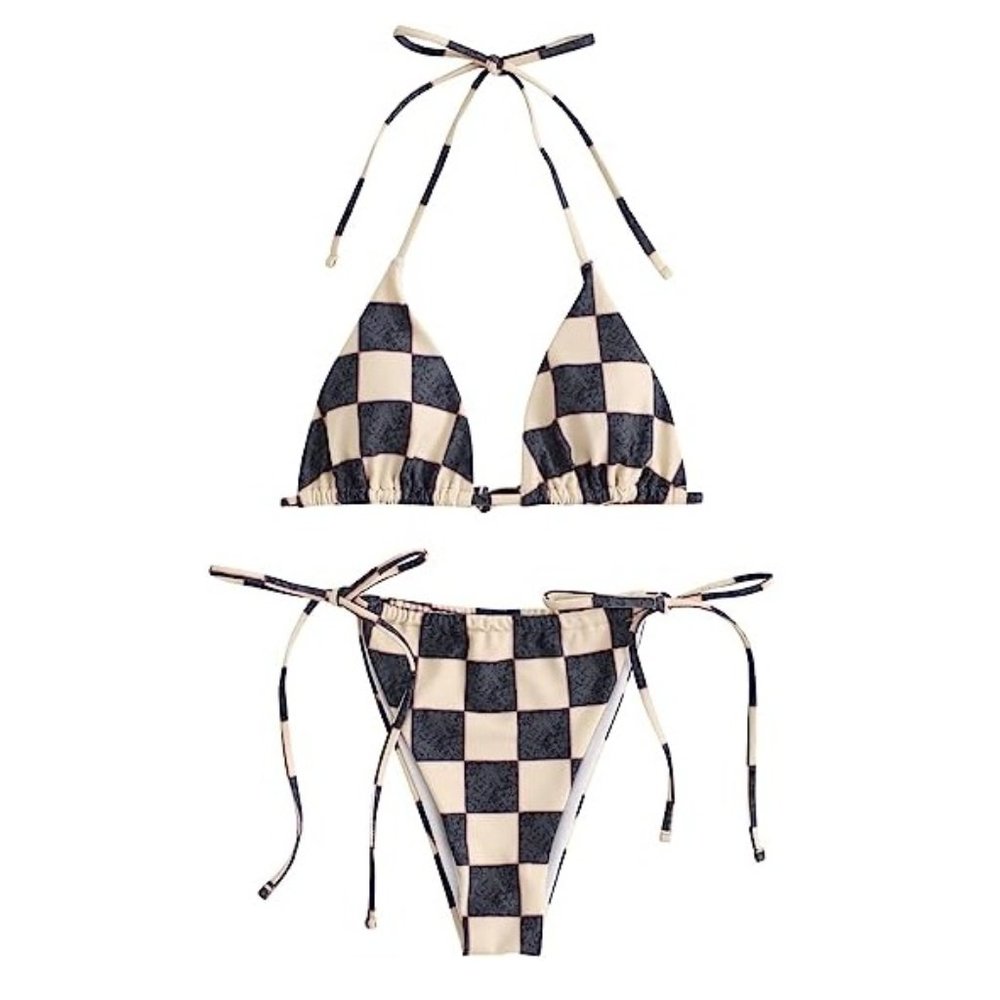 Zaful Black and Cream Checkered Triangle Bikini